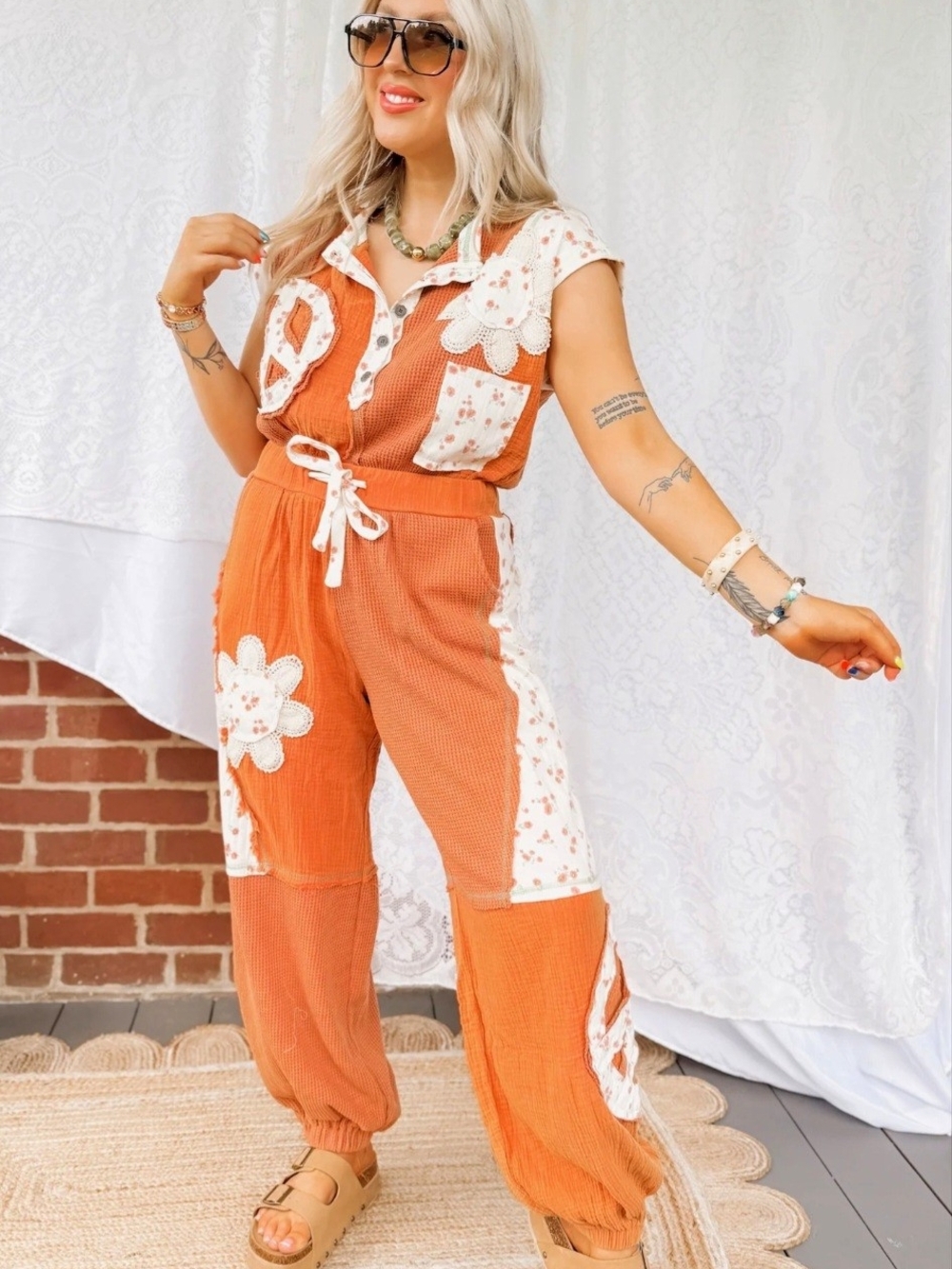 POL Orange Patchwork Jumpsuit with Cream Floral Accents